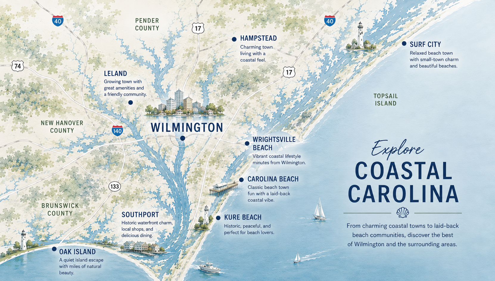 Map of Coastal North Carolina showing Wilmington, Wrightsville Beach, Carolina Beach, Kure Beach, Hampstead, Surf City, Topsail Island, Leland, Southport and Oak Island