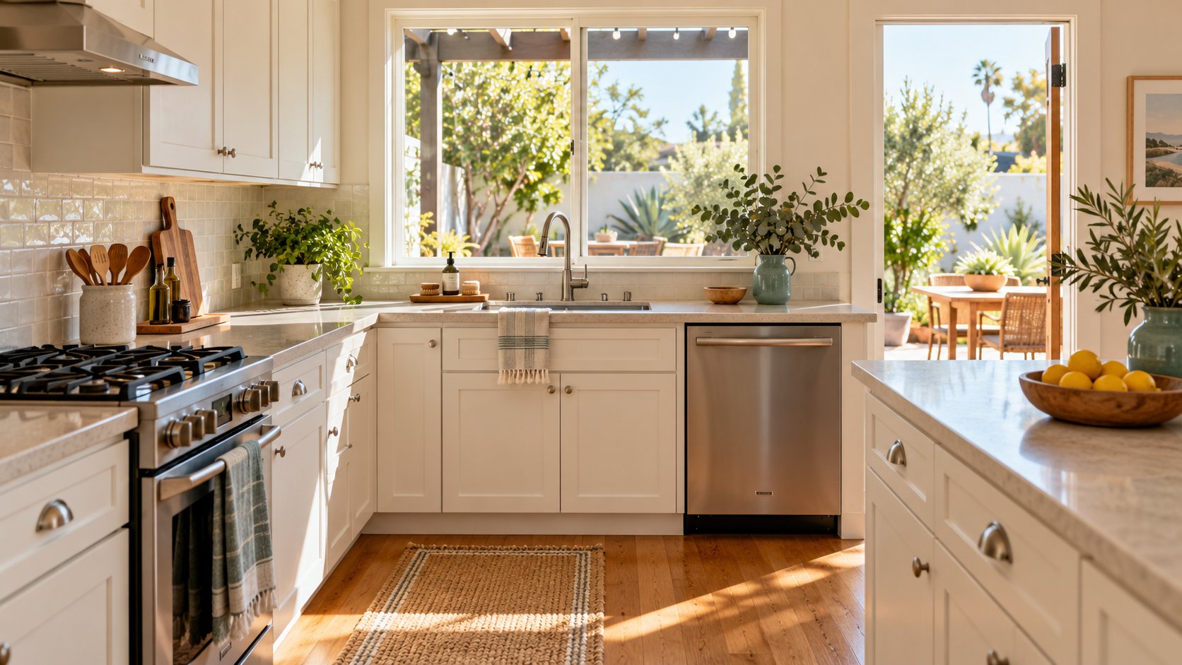 Illustration of a refreshed kitchen with white cabinets, wood flooring and a sunny patio.