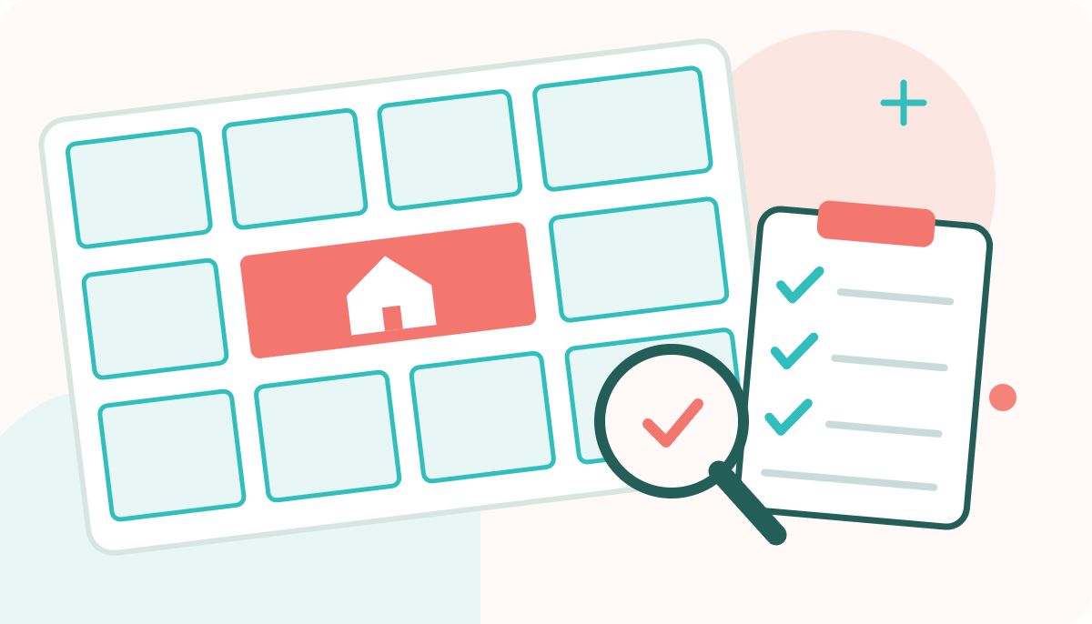 Conceptual parcel blocks, a highlighted home and a document checklist in teal and coral.