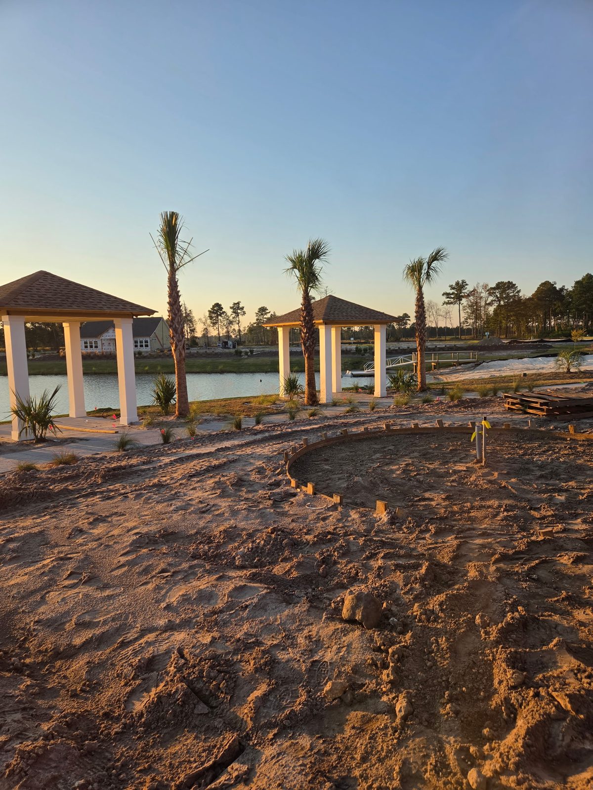 Lakeside pavilions and a fire pit area being formed at Terrapin
