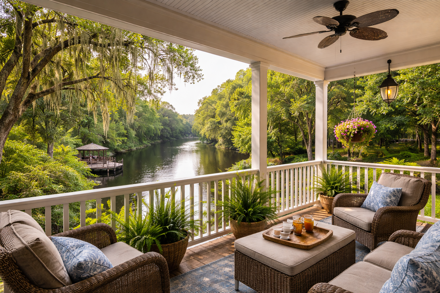 View of the Waccamaw River in Conway, South Carolina from a covered porch with comfortable seating and lush, tree-lined riverbank.