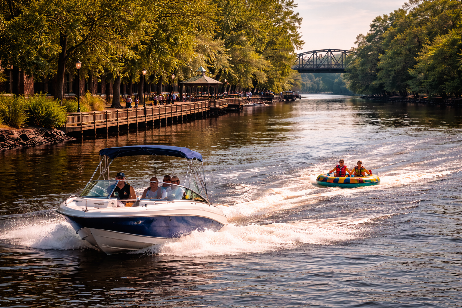 A sunny summer scene on the Waccamaw River in Conway, South Carolina, showing a white and blue speedboat cruising along the river while pulling a colorful inflatable tube with two riders. The Conway Riverwalk, gazebo, and historic iron bridge line the riverbank, surrounded by lush green trees and warm afternoon light.