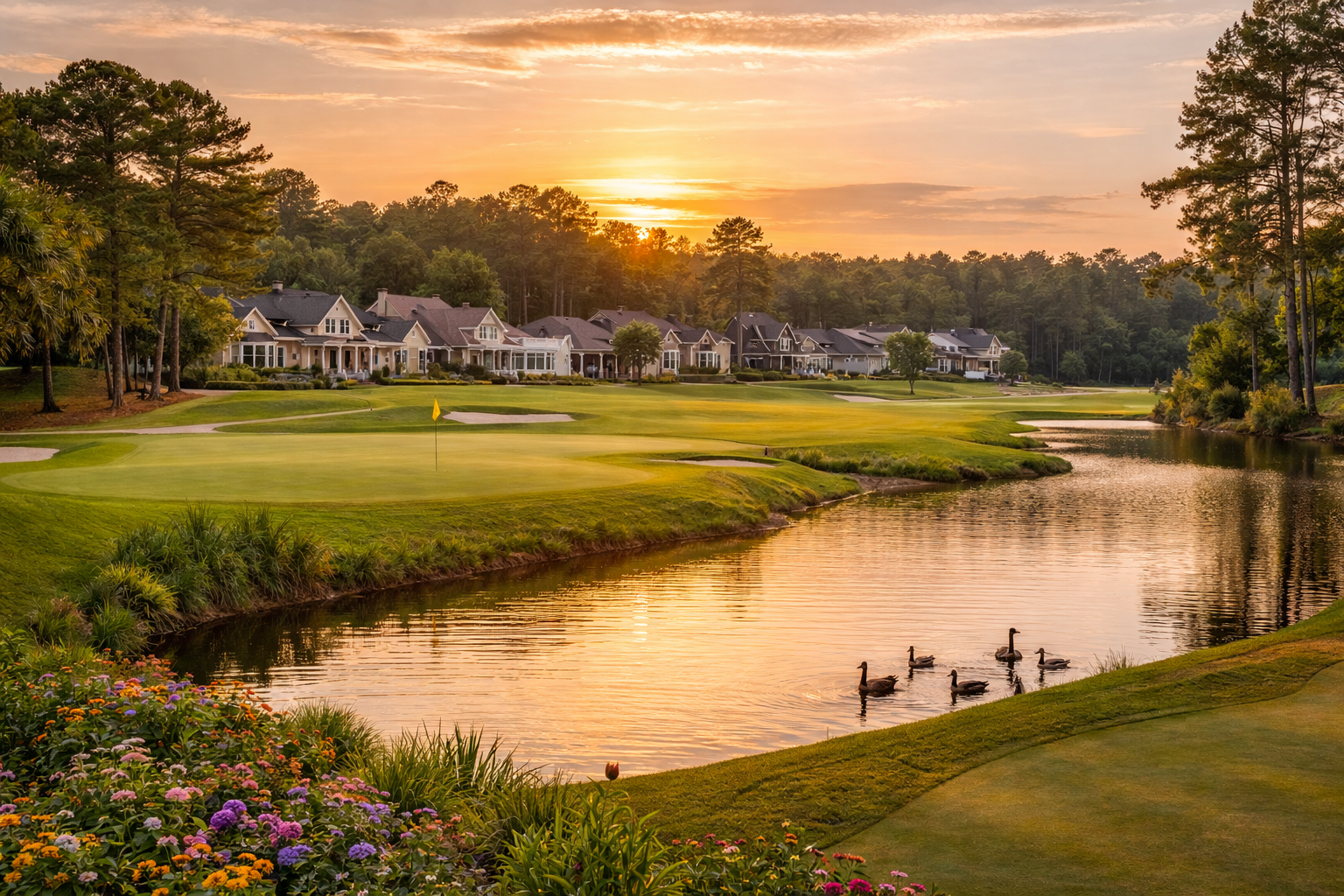 Golf course community in Murrells Inlet, South Carolina featuring scenic fairways with homes in the background and coastal Lowcountry surroundings