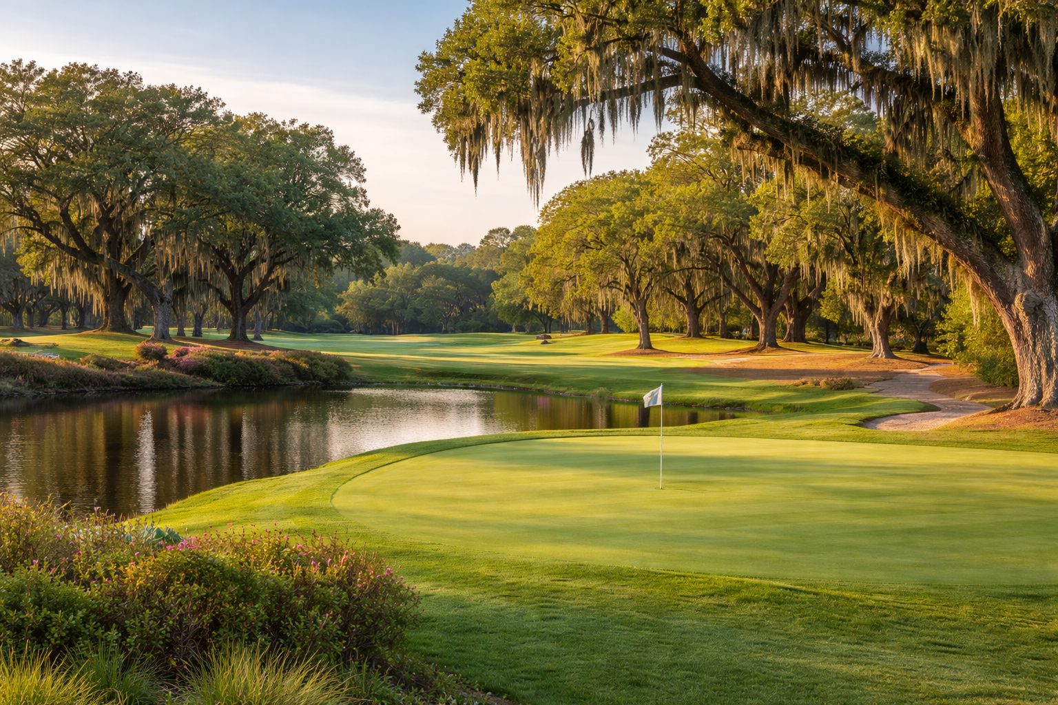 Pawleys Island SC golf course with oak trees, Spanish moss, water feature, and manicured green