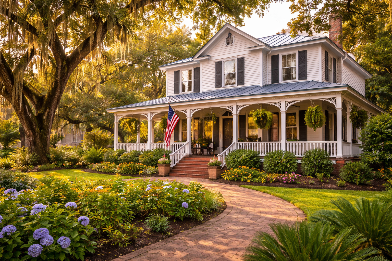 Historical home with a large porch adorned by majestic oak trees filled with lots of character and charm