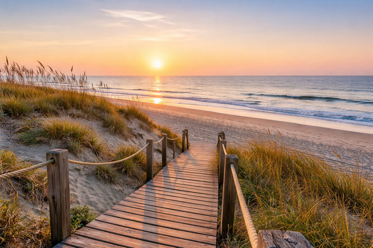 Pawleys Island SC beach at sunrise with wooden boardwalk, sand dunes, sea oats, and calm ocean water