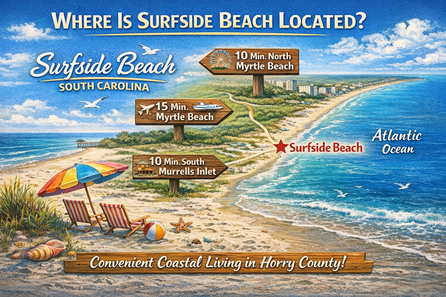 Illustrated map showing where Surfside Beach, South Carolina is located along the Grand Strand in Horry County between Myrtle Beach and Murrells Inlet near the Atlantic Ocean.