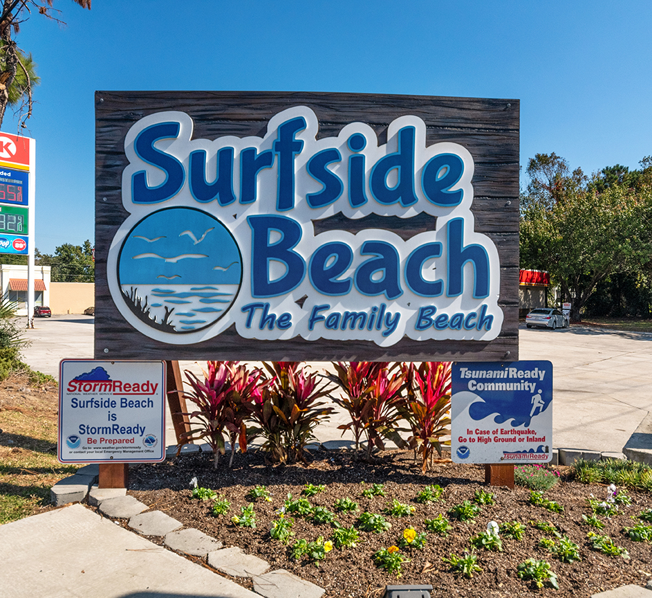 The iconic Surfside Beach South Carolina “The Family Beach” welcome sign marks the entrance to one of the most popular coastal communities along the Grand Strand near Myrtle Beach. Surfside Beach is known for its family-friendly atmosphere, beautiful beaches, and relaxed coastal lifestyle.