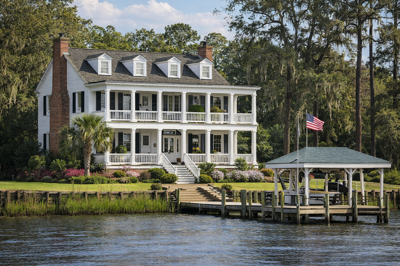 Waterfront Southern-style home in Georgetown, South Carolina overlooking the river with private dock and classic Lowcountry architecture.