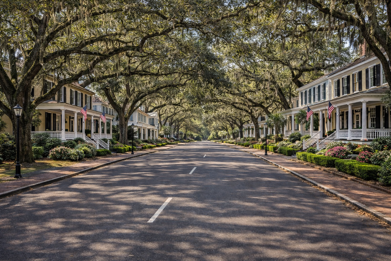 Historic homes along a wide oak-lined street in Georgetown, South Carolina featuring classic Southern architecture and live oak trees draped with Spanish moss.
