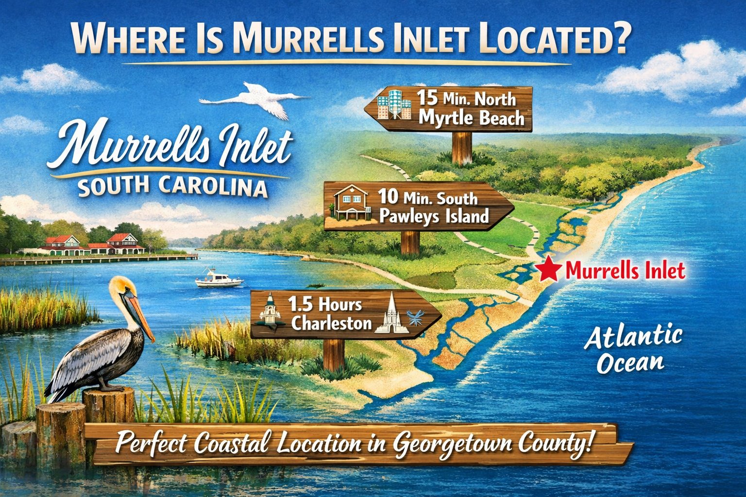 graphic area map of the South Carolina Coast showing Myrtle Beach and more.