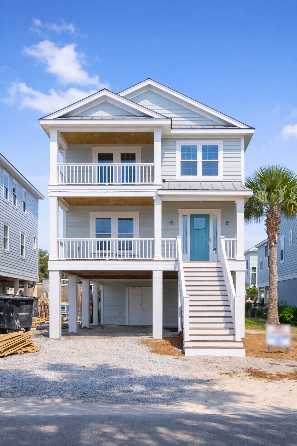 New construction raised beach house in Surfside Beach, South Carolina elevated on pilings with double porches and modern coastal design
