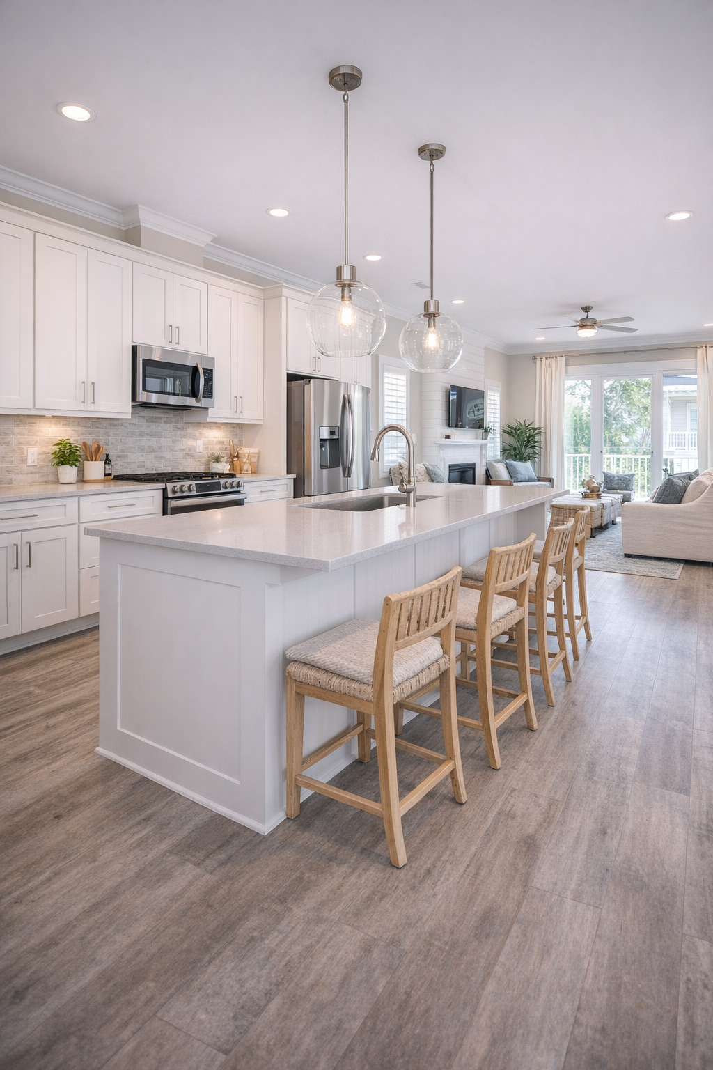 Modern coastal new construction home interior in Surfside Beach, SC featuring open floor plan, large kitchen island, quartz countertops, luxury vinyl plank flooring, and energy-efficient design