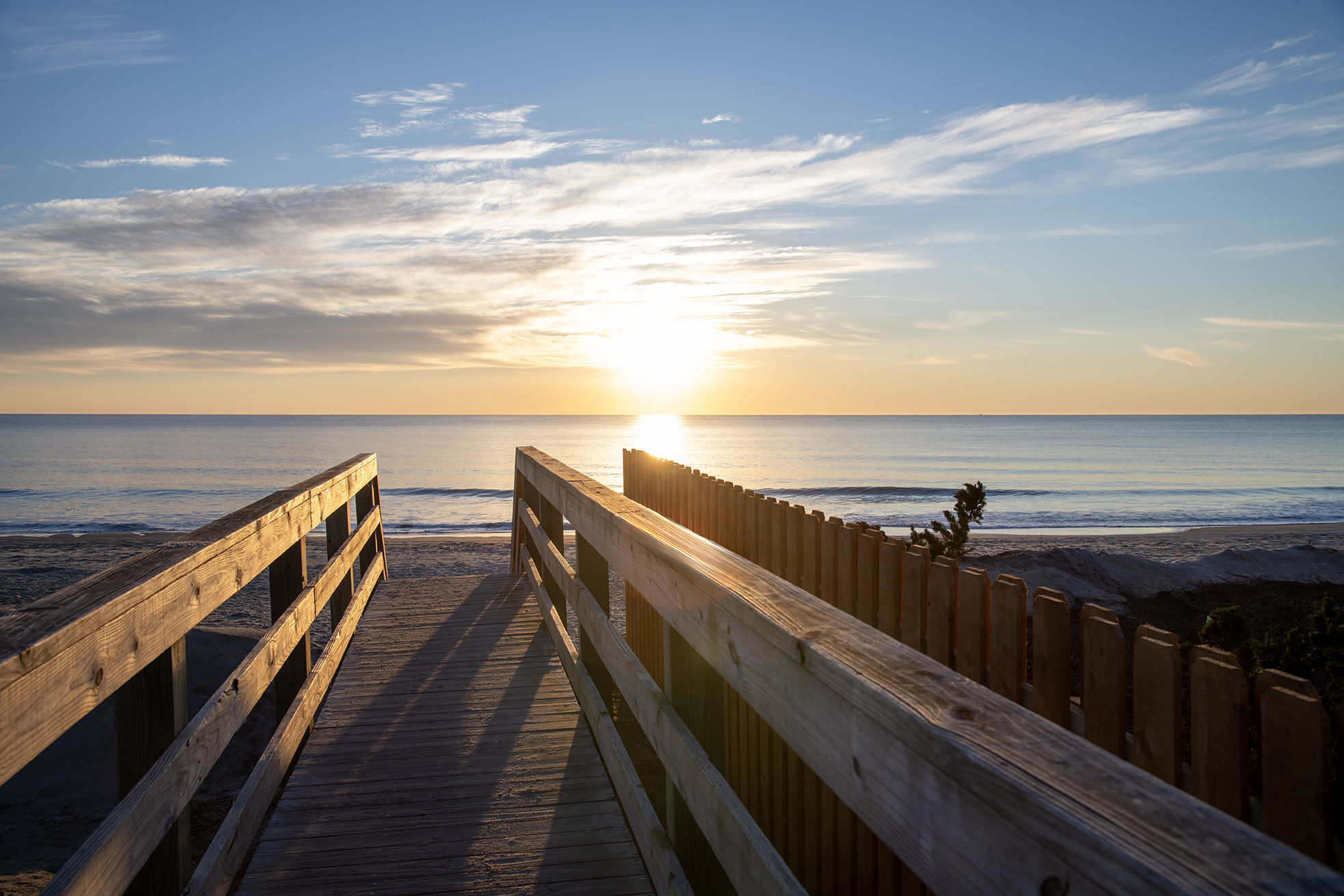 Sunrise over the beach along the Grand Strand in Coastal South Carolina, showcasing the beautiful Atlantic Ocean shoreline near Pawleys Island and Murrells Inlet.