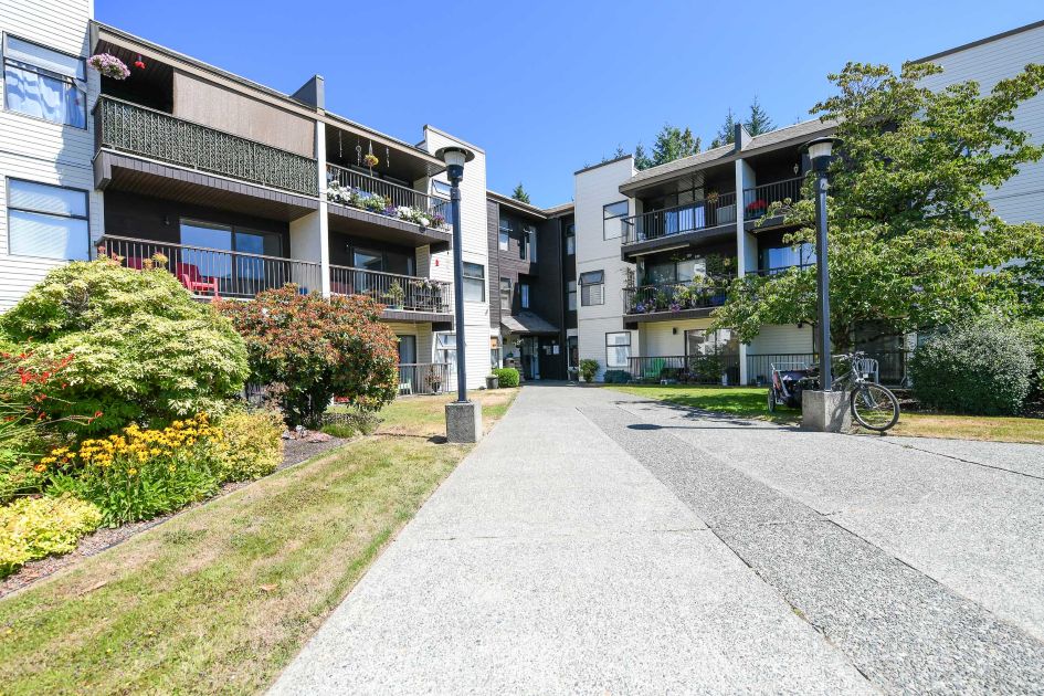 Exterior view of the ground floor condo at 118-585 Dogwood St in central Campbell River, showcasing the well-maintained building exterior, level entry access, and surrounding landscaped grounds. The photo highlights the convenience of the ground-floor location, walkable neighbourhood setting, and the property&rsquo;s clean, low-maintenance appeal&mdash;ideal for buyers seeking a centrally located Campbell River condo.