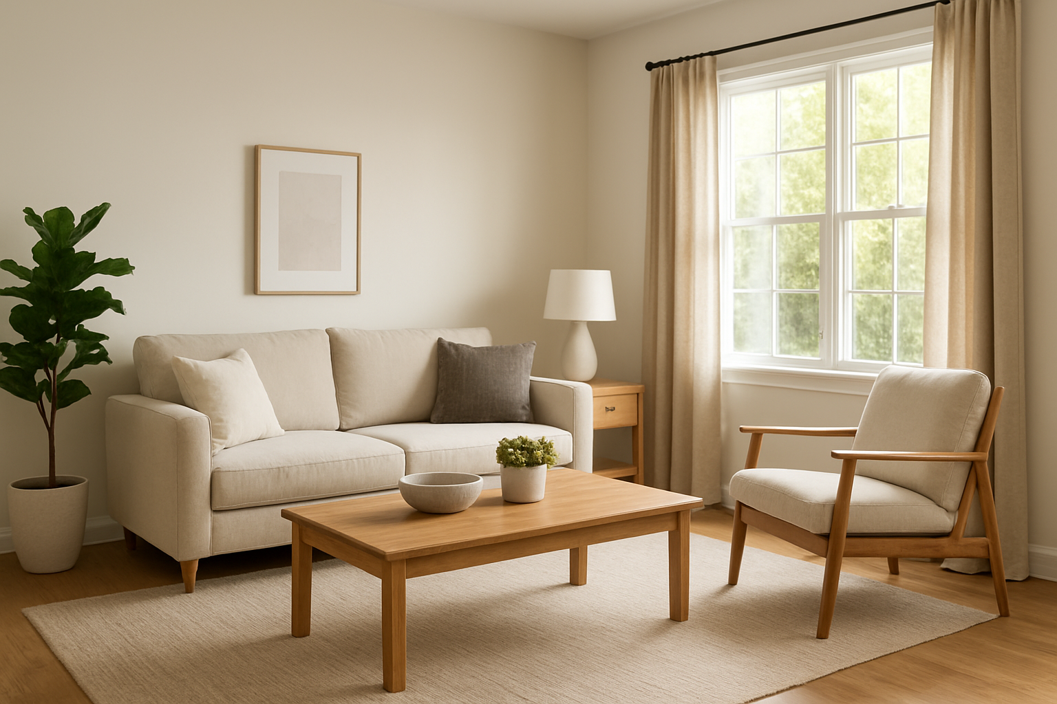 A cozy, well-maintained living room with modern decor and natural light streaming through large windows.