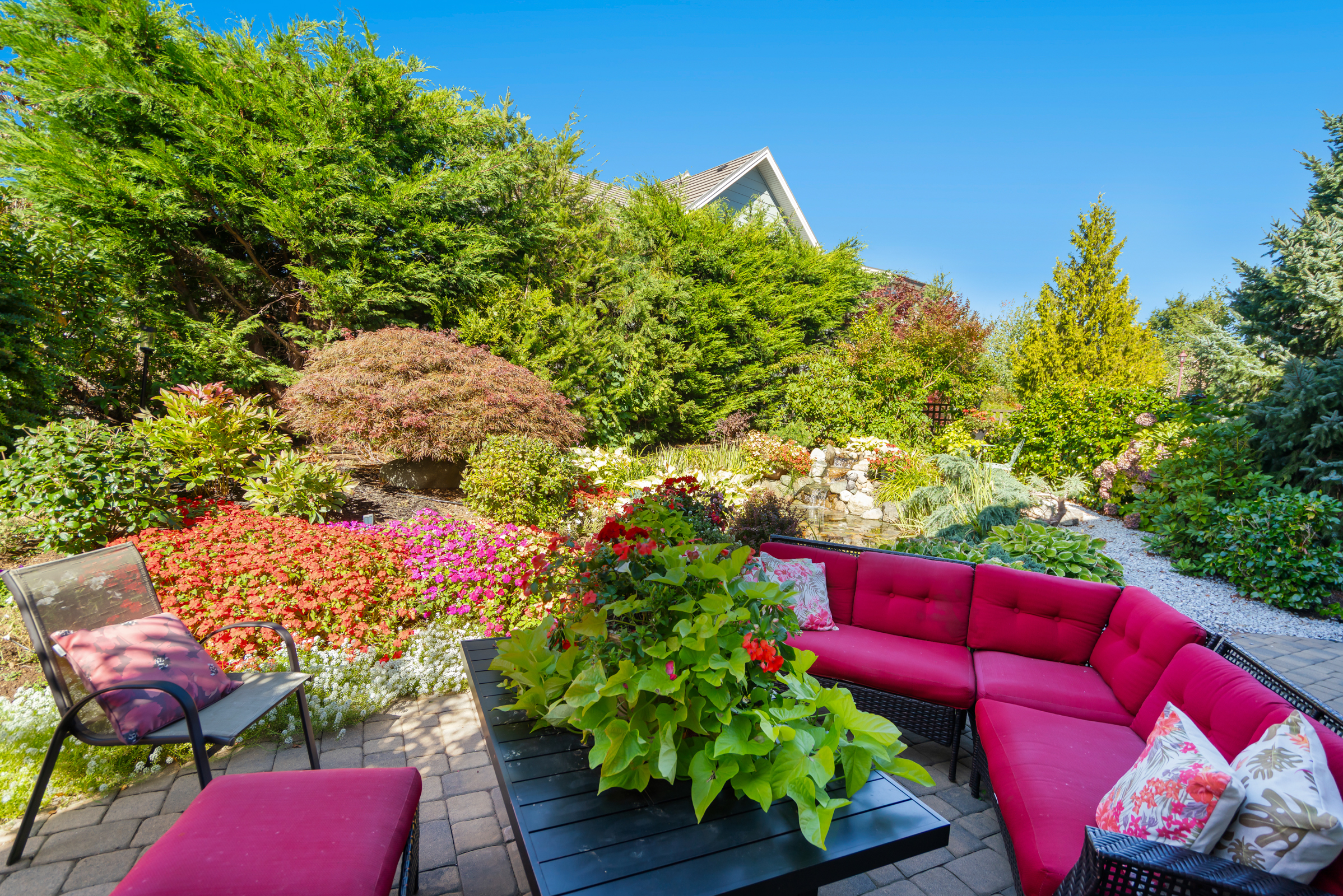 Tranquil backyard at 3172 Royal Vista Way featuring a beautifully landscaped garden, waterfall pond, and private patio area ideal for outdoor entertaining and relaxation