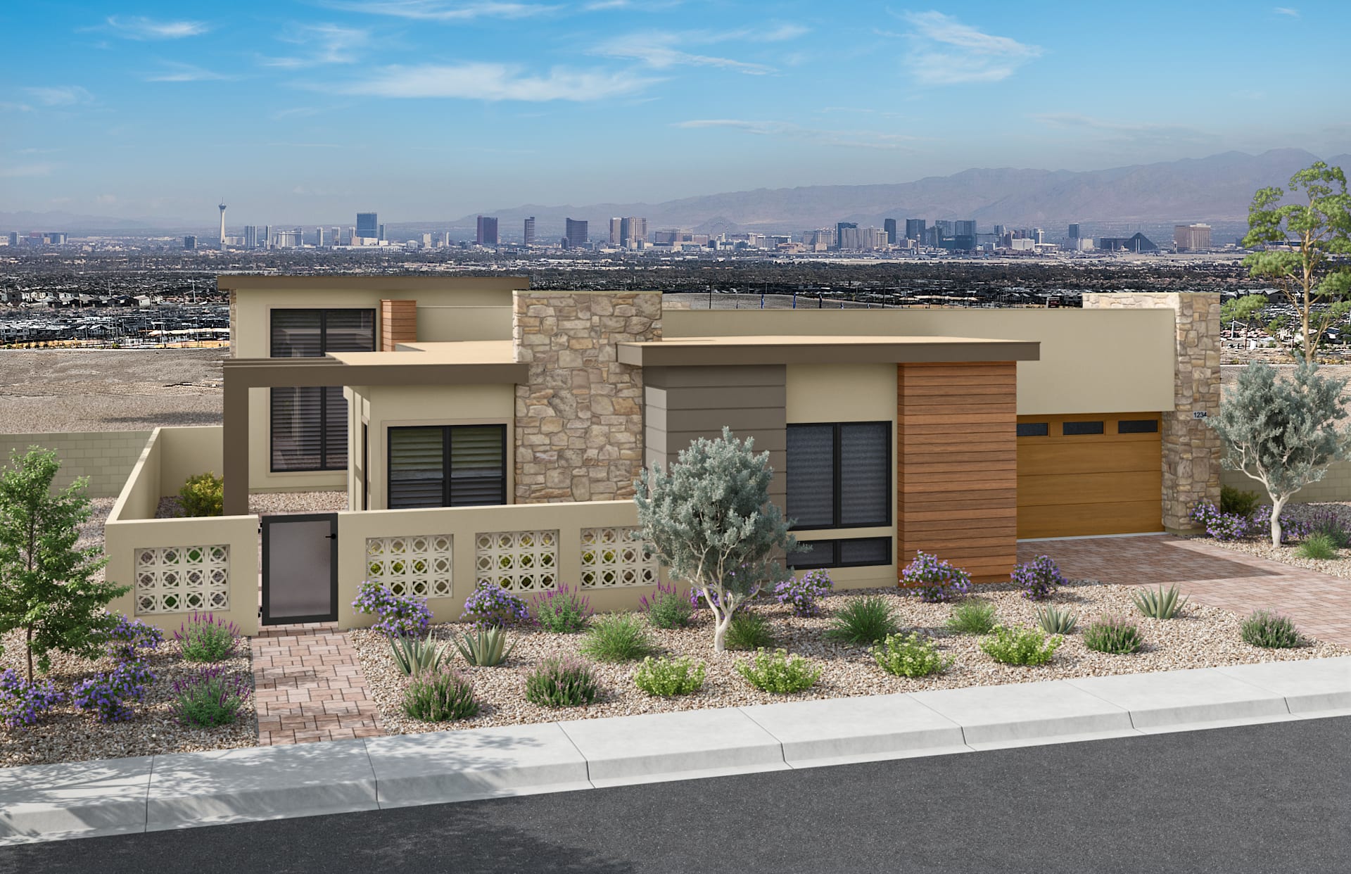 Modern home at Agave Ridge by Tri Pointe Homes with the Las Vegas skyline in the distance