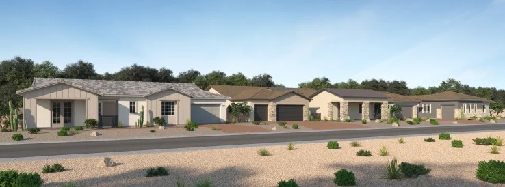 Rendering of single-story homes along a street with desert landscaping at Fairview by Lennar