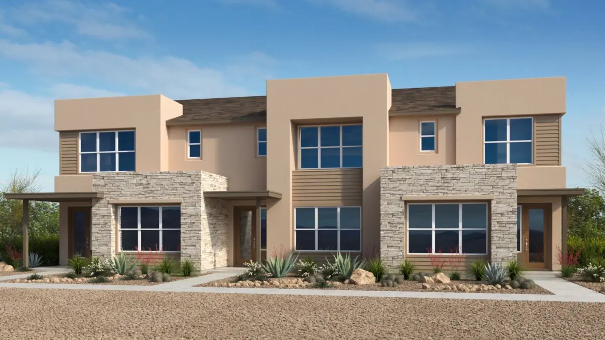 Rendering of two-story modern townhomes with stone accents and desert landscaping at Lark Hill by Taylor Morrison