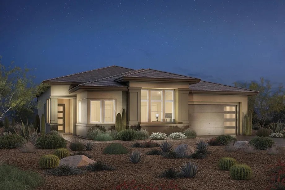 Rendering of a single-story home with desert landscaping at dusk at Shadow Point by Toll Brothers