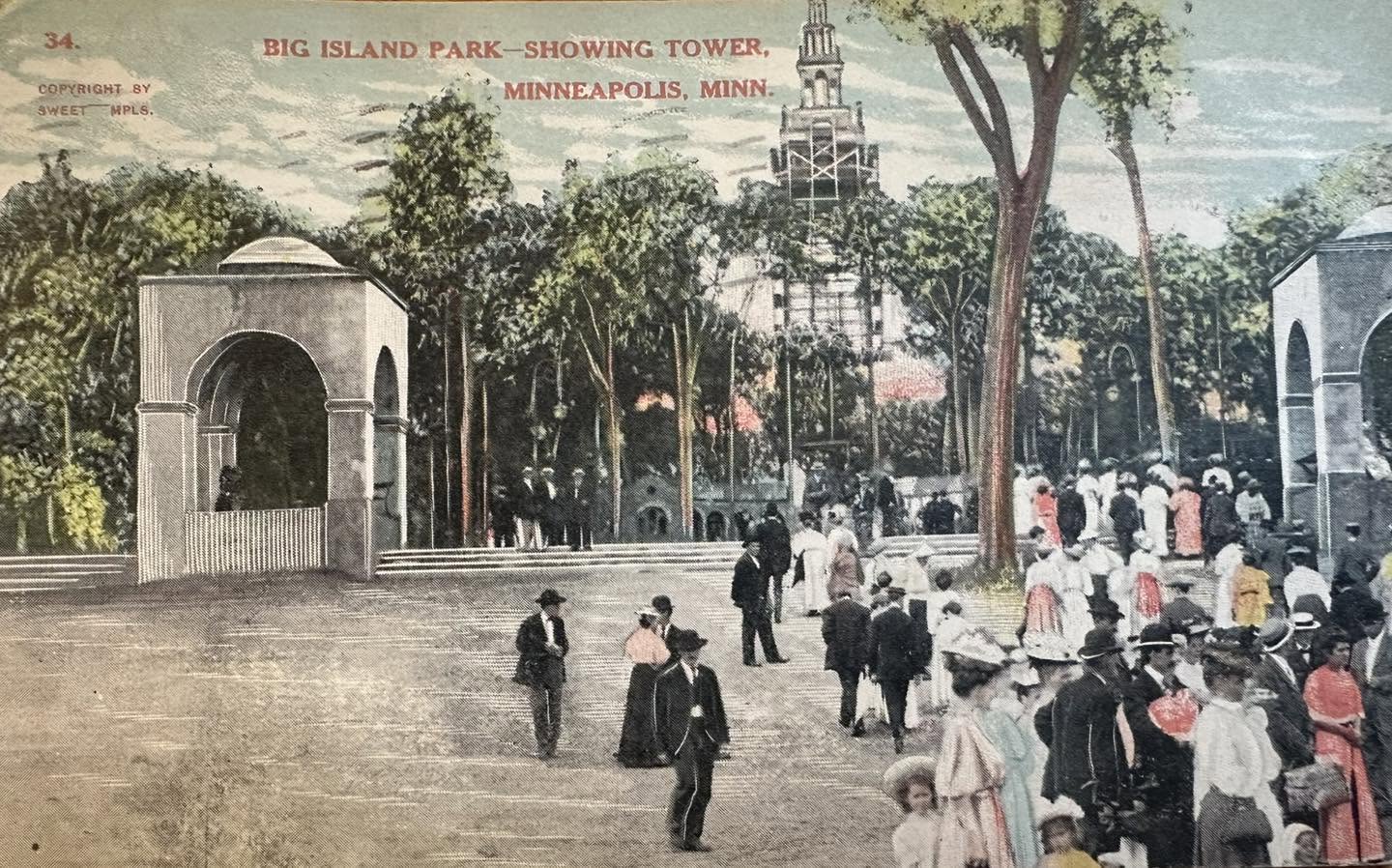 Historic Sweet postcard showing visitors at the Big Island Park entrance with the tower above the trees