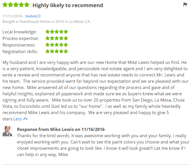 ZILLOW 5 Star Review Buying a condo in San Diego County Zillow Review The Lewis Team