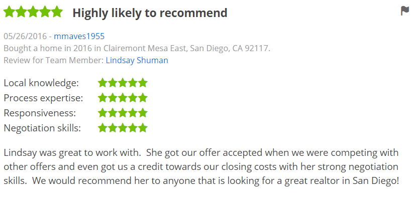 ZILLOW 5 Star Review - Buying a home in San Diego Clairemont Mesa East Zillow Review - The Lewis Team