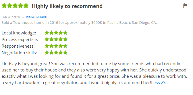ZILLOW 5 Star Review - Sold a Townhouse in San Diego Pacific Beach Zillow Review - The Lewis Team