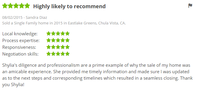 ZILLOW 5 Star Review - Sold a home in Eastlake Greens Chula Vista Zillow Review - The Lewis Team