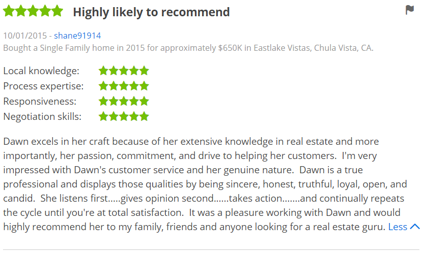 ZILLOW 5 Star Review Dawn Lewis - Bought a Home in Eastlake Vistas Chula Vista Zillow Review - The Lewis Team
