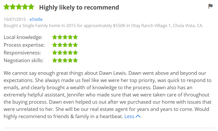 ZILLOW 5 Star Review Dawn Lewis - Bought a Home in Otay Ranch Chula Vista Zillow Review - The Lewis Team