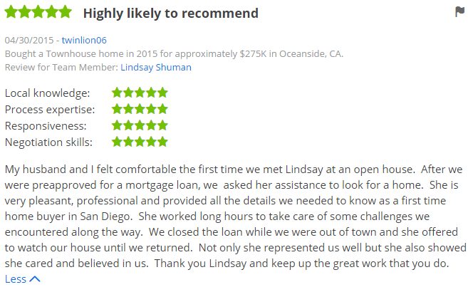 Zillow Premier Agents in San Diego - 5 Star Zillow Agent Helped Buyer in Oceanside - The Lewis Team San Diego