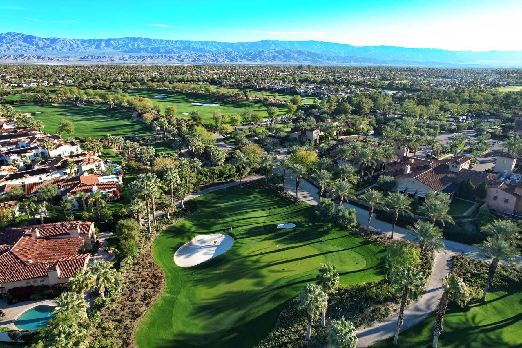 Aerial view of the practice facility and clubhouse at Toscana Country Club, Indian Wells