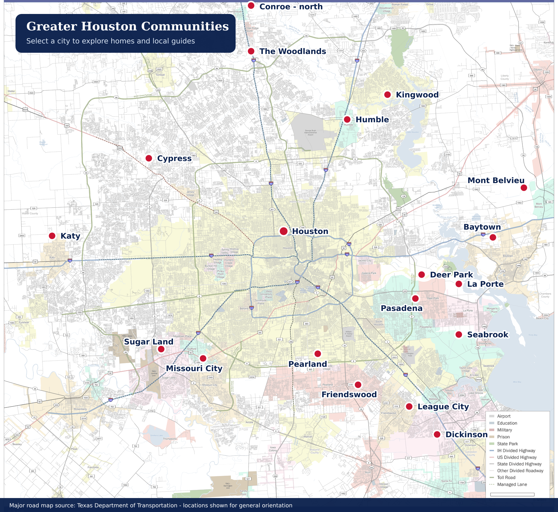 Greater Houston road map with community guide locations