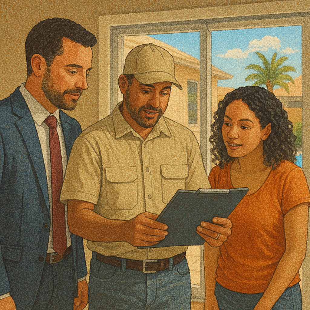 REALTOR, Home Inspector and home buyer reviewing a report