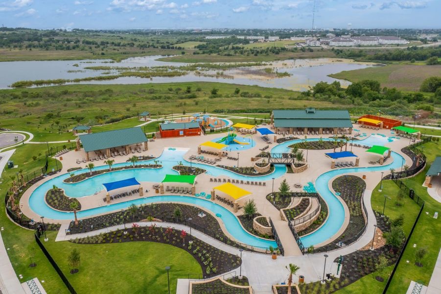Sunfield master planned community in Buda TX featuring resort style pool and lazy river amenities in Central Texas