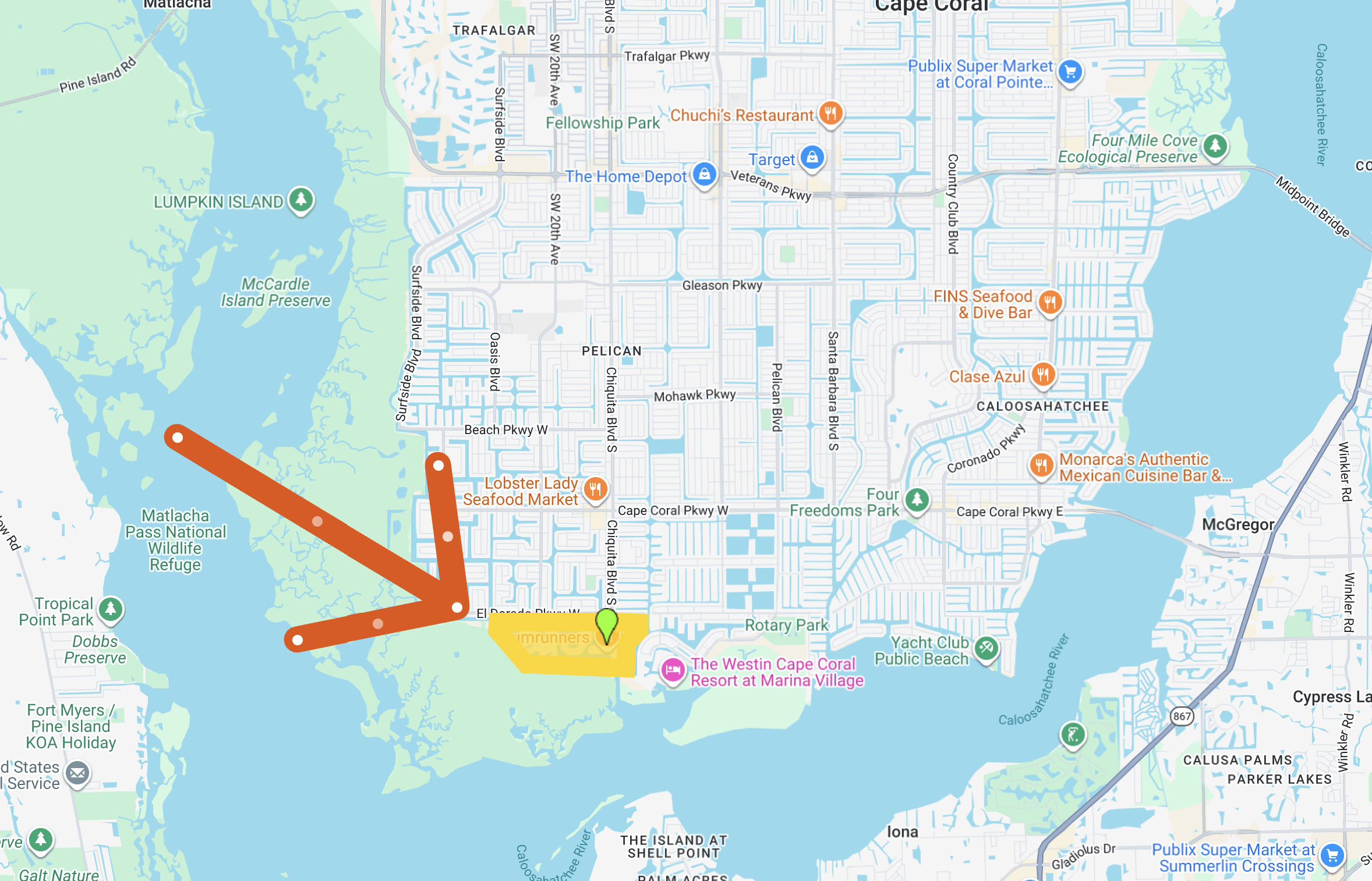Map showing the location of Cape Harbour in Cape Coral Florida