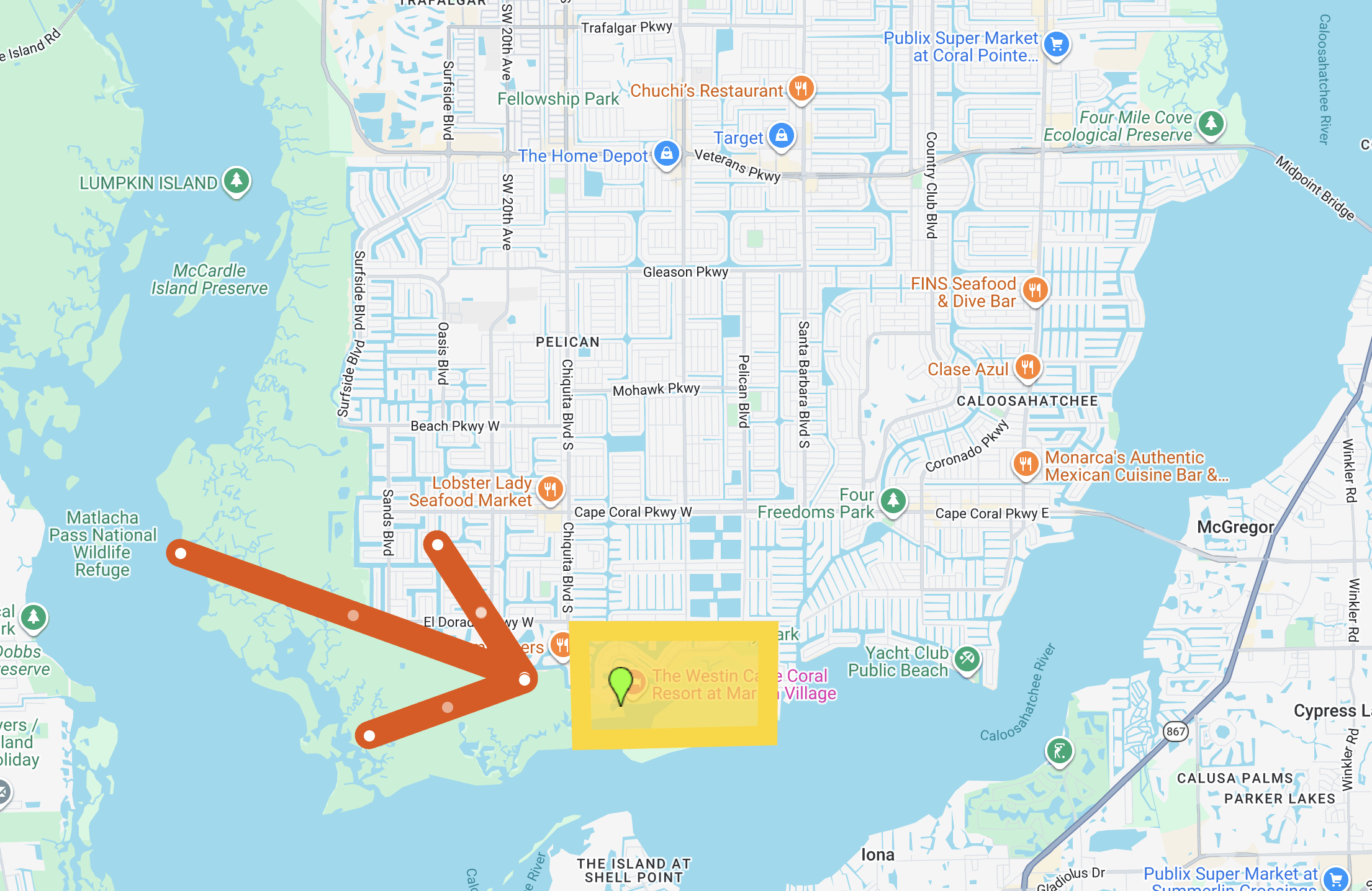 Map showing the location of Tarpon Point in Cape Coral Florida