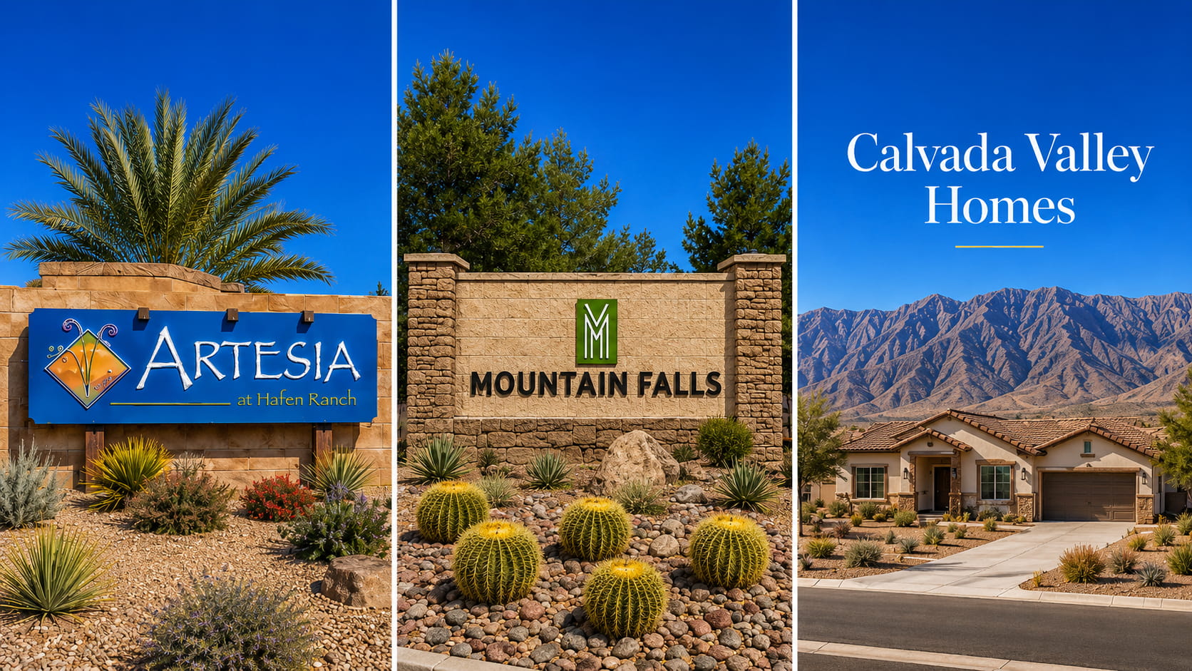 Three-panel collage featuring the Artesia at Hafen Ranch entrance, the Mountain Falls entrance, and Calvada Valley homes with a mountain backdrop in Pahrump, Nevada.