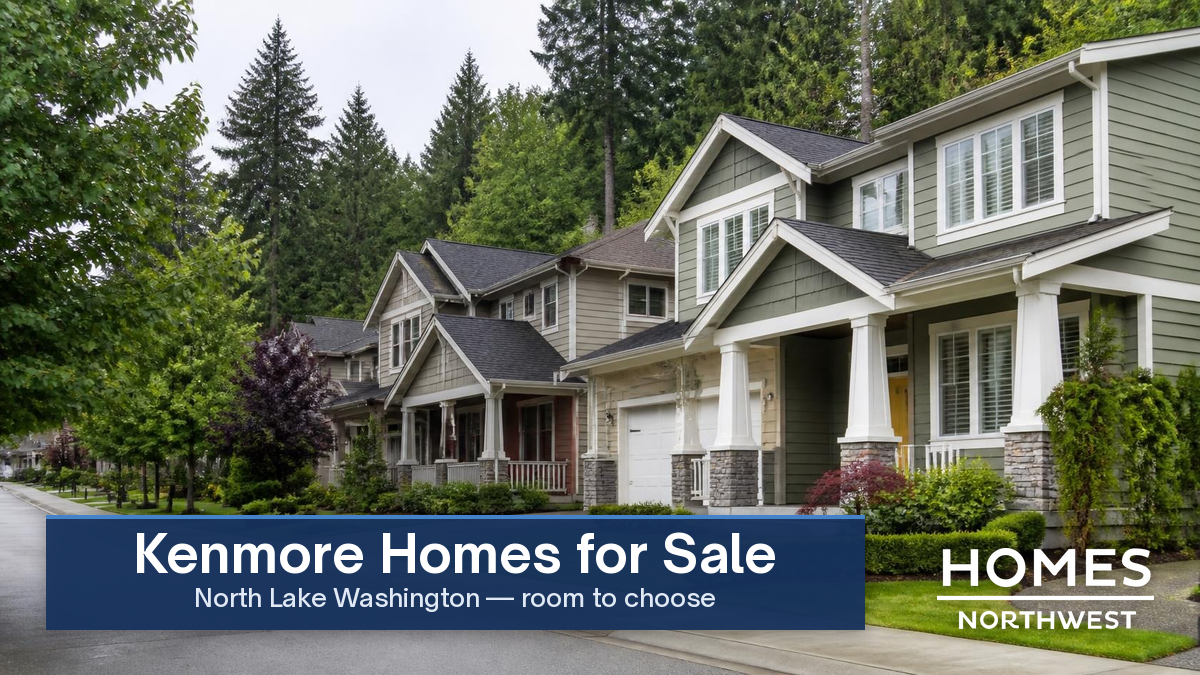 Kenmore homes for sale: Kenmore-style residential street with two-story craftsman homes, front porches, and tall evergreen trees in north Lake Washington