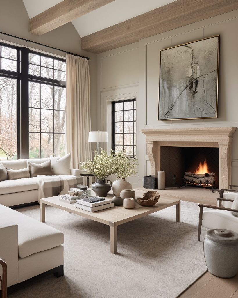Sunlit living room with a fireplace