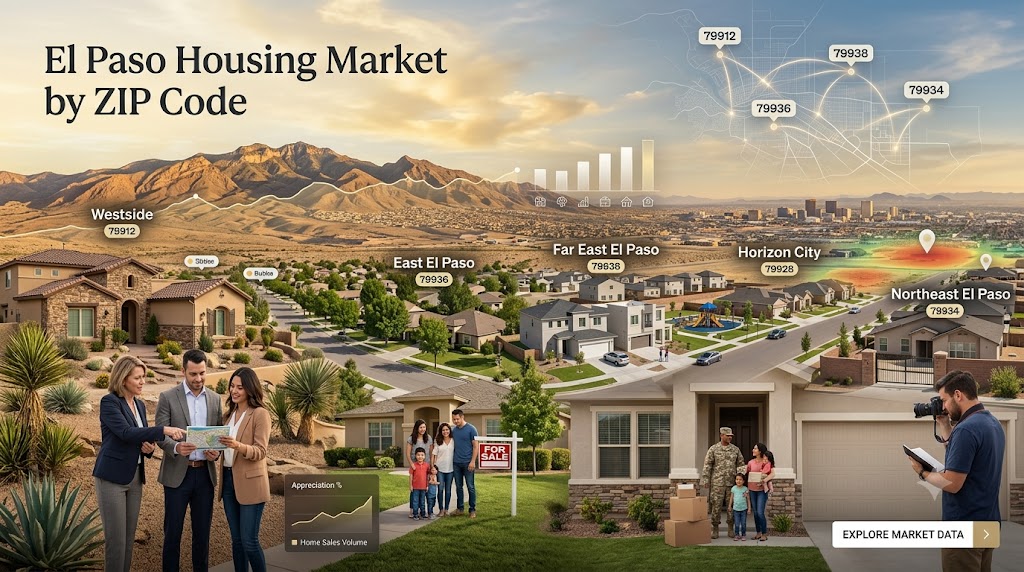 Homes for sale in El Paso, TX SEO Title Tag (60 Characters Max) SEO  Title Tag  El Paso Housing Market by ZIP Code (2026 Guide)  Meta Description (155&ndash;160 Characters) Meta  Description  Explore El Paso home prices, trends, and neighborhood insights by ZIP code. Compare 79912, 79936, 79938, 79928, 79934, and more.  Meta Keywords Keywords  SEO Keywords  El Paso housing market by ZIP code, El Paso home prices 2026, 79912 homes, 79936 homes, 79938 homes, 79928 homes, 79934 homes, El Paso neighborhoods, El Paso real estate, homes for sale El Paso TX, Westside El Paso, Eastside El Paso, Horizon City homes, Fort Bliss housing, El Paso market trends  BLOG: El Paso Housing Market by ZIP Code (2026 Guide) Why Buyers and Sellers Are Watching ZIP Codes Closely  The El Paso housing market is not moving at the same speed everywhere. One ZIP code may be seeing strong demand, another may offer better affordability, and another may attract investors or military buyers.  That&rsquo;s why smart buyers and sellers are asking:  &ldquo;What&rsquo;s happening in my ZIP code&mdash;not just El Paso overall?&rdquo;  In this guide, we&rsquo;ll break down some of the most-watched areas in El Paso and explain what they could mean for buyers, sellers, investors, and relocating families.  Interactive ZIP Code Explorer  Choose a ZIP code to compare affordability, lifestyle, and buyer demand.  Select ZIP Code:  79912 &mdash; Westside El Paso 79912 &mdash; Westside El Paso  Typical Price Tier  Higher-end market  Buyer Demand  Strong  Lifestyle  Mountain views, shopping, restaurants  Best For  Move-up buyers and professionals  Quick comparison  79936 &mdash; East El Paso  Price Tier  Mid-range  Demand  Very strong  Lifestyle  Family-oriented  Best for: First-time buyers and families  79938 &mdash; Far East El Paso  Price Tier  Affordable  Demand  High growth  Lifestyle  New communities  Best for: New construction seekers  79928 &mdash; Horizon City  Price Tier  Competitive  Demand  Strong  Lifestyle  Suburban growth  Best for: Growing families  79934 &mdash; Northeast / Fort Bliss  Price Tier  Value-focused  Demand  Steady  Lifestyle  Military-friendly  Best for: Military buyers and investors  How to Use This  Choose the ZIP that matches your target area.  Compare price tier, demand, lifestyle, and best-fit buyer profile.  Use the quick comparison cards to spot trade-offs between affordability, growth, and convenience.  79912 &ndash; Westside El Paso  Known for: Mountain views, established neighborhoods, shopping, restaurants  The Westside remains one of El Paso&rsquo;s most desirable areas. Buyers are often drawn to scenic views, newer retail centers, and strong long-term demand.  What Buyers Like  Proximity to Franklin Mountains  Higher-end homes  Strong resale appeal  Established communities  79936 &ndash; East El Paso  Known for: Family neighborhoods, affordability, convenience  This ZIP code continues to attract first-time buyers and growing families. It offers a large selection of homes and convenient access to schools, shopping, and major roads.  What Buyers Like  Broad price range  Family-friendly neighborhoods  Strong buyer demand  Everyday convenience  79938 &ndash; Far East El Paso  Known for: New construction and rapid growth  If you&rsquo;re looking for newer homes and master-planned communities, this is one of the most watched ZIP codes in the region.  What Buyers Like  New construction inventory  Modern floor plans  Community amenities  Long-term growth potential  79928 &ndash; Horizon City  Known for: Suburban growth and newer neighborhoods  Horizon City has become a major destination for buyers seeking more space and newer homes while remaining connected to the El Paso metro area.  What Buyers Like  Competitive pricing  Newer developments  Growing retail and services  Family-oriented communities  79934 &ndash; Northeast / Fort Bliss Area  Known for: Military-friendly housing and investment opportunities  With its connection to Fort Bliss , this area often sees steady demand from military families and investors.  What Buyers Like  Strong rental demand  Military relocation activity  Affordable price points  Access to Fort Bliss  Quick ZIP Code Comparison  ZIP Code  	  Best For  	  Price Tier     79912  	  Move-up buyers  	  Higher     79936  	  First-time buyers  	  Mid-range     79938  	  New construction  	  Affordable&ndash;Mid     79928  	  Growing families  	  Competitive     79934  	  Military & investors  	  Affordable  Myth vs Reality Myth  &ldquo;All El Paso neighborhoods are basically the same.&rdquo;  Reality  ZIP codes can differ significantly in home prices, inventory levels, school options, commute times, and investment potential.  What Smart Buyers Should Watch  Inventory levels &ndash; More inventory can create negotiation opportunities.  New construction &ndash; Especially important in 79938 and 79928.  Commute patterns &ndash; Consider Fort Bliss, Downtown, and major highways.  Long-term appreciation &ndash; Look for areas with continued development and infrastructure growth.  The Bottom Line  The El Paso housing market is becoming increasingly ZIP-code driven. Whether you&rsquo;re searching for affordability, new construction, investment opportunities, or a premium lifestyle, the right neighborhood can make a major difference in your experience and long-term value.  Strong CTA  Want to know which El Paso ZIP code fits your budget and goals?  Visit EPCasaByOwner.com to explore homes for sale, compare neighborhoods, and get local market insights tailored to buyers, sellers, military families, and investors.  Local Expertise El Paso Market Data Neighborhood Insights Explore El Paso Homes by ZIP Code