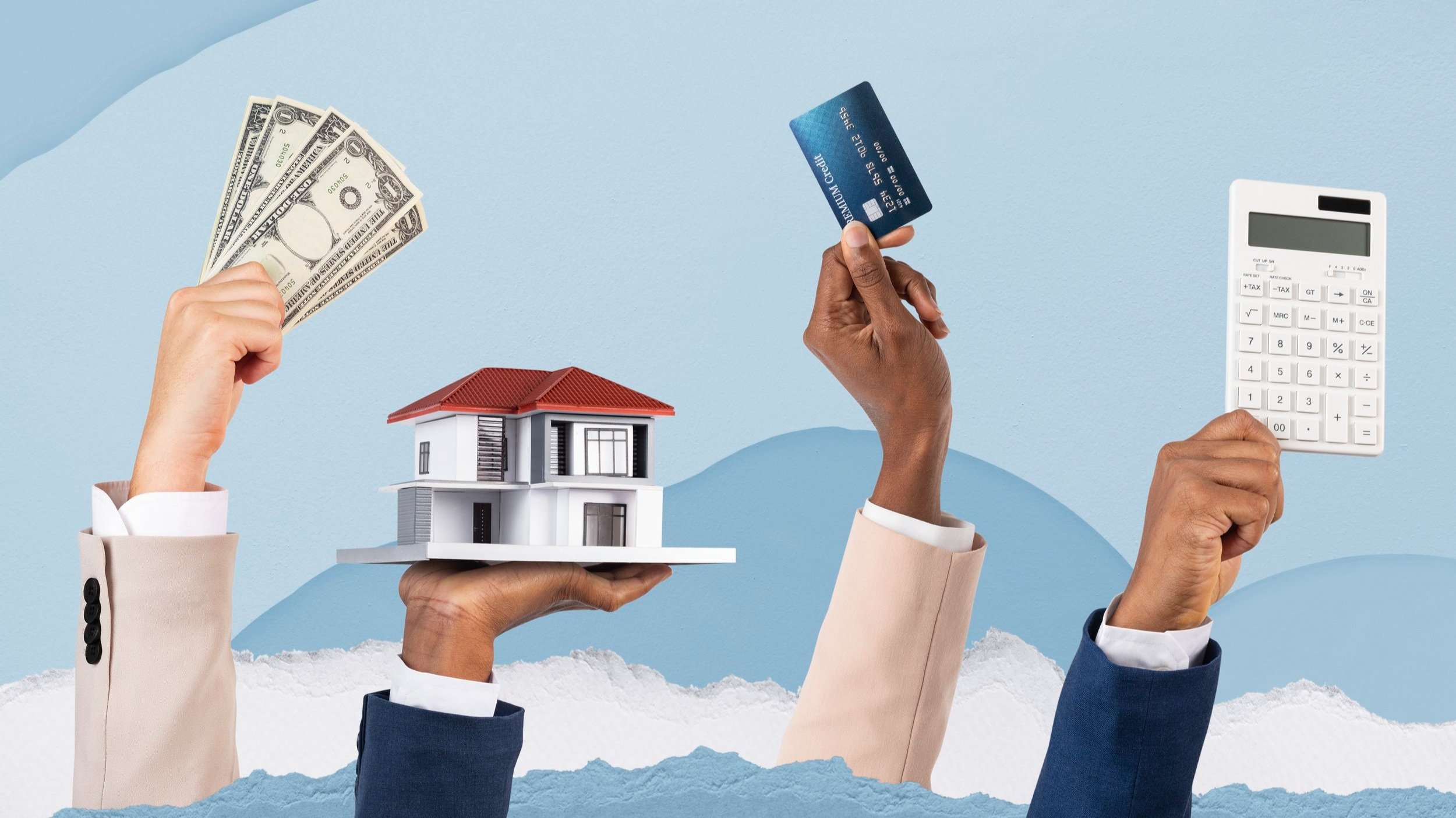Home financing illustration with a model house, money and calculator