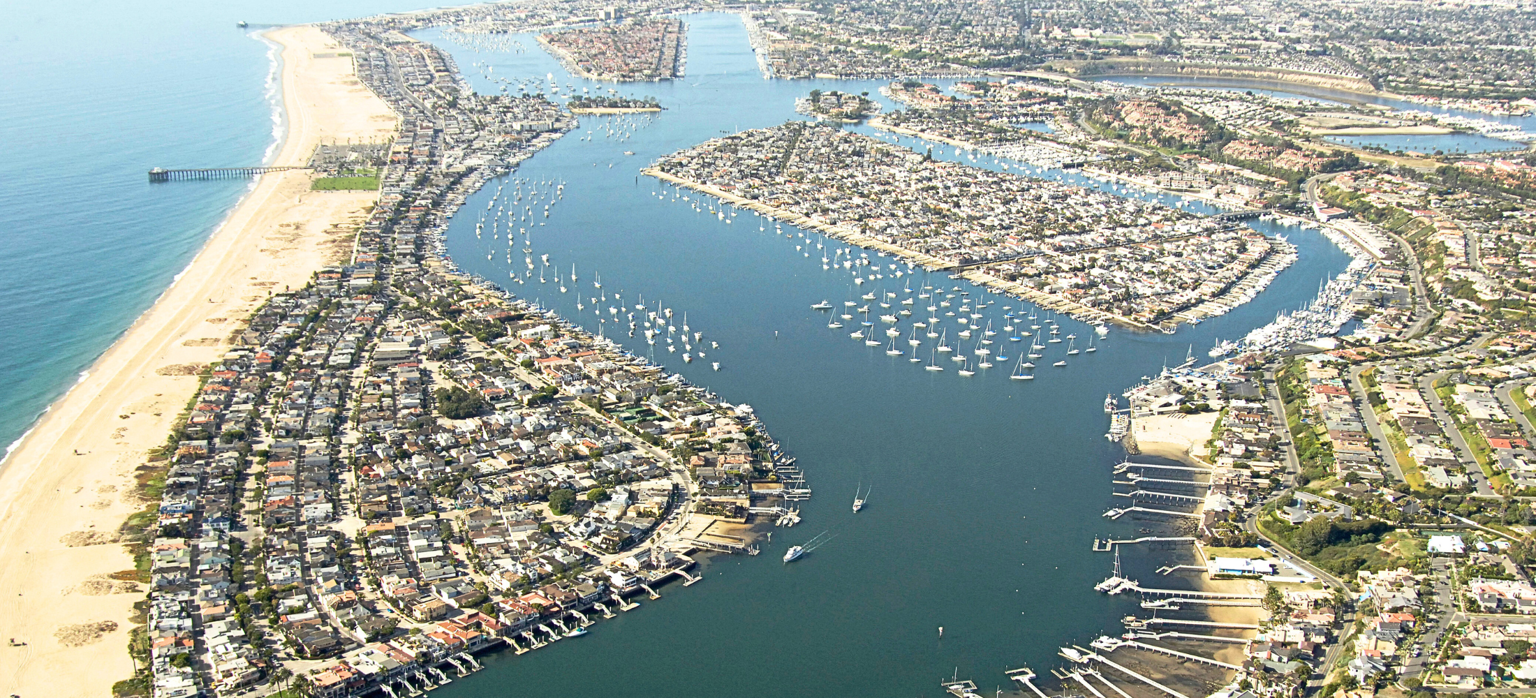 Aerial view of Orange County coastal harbor