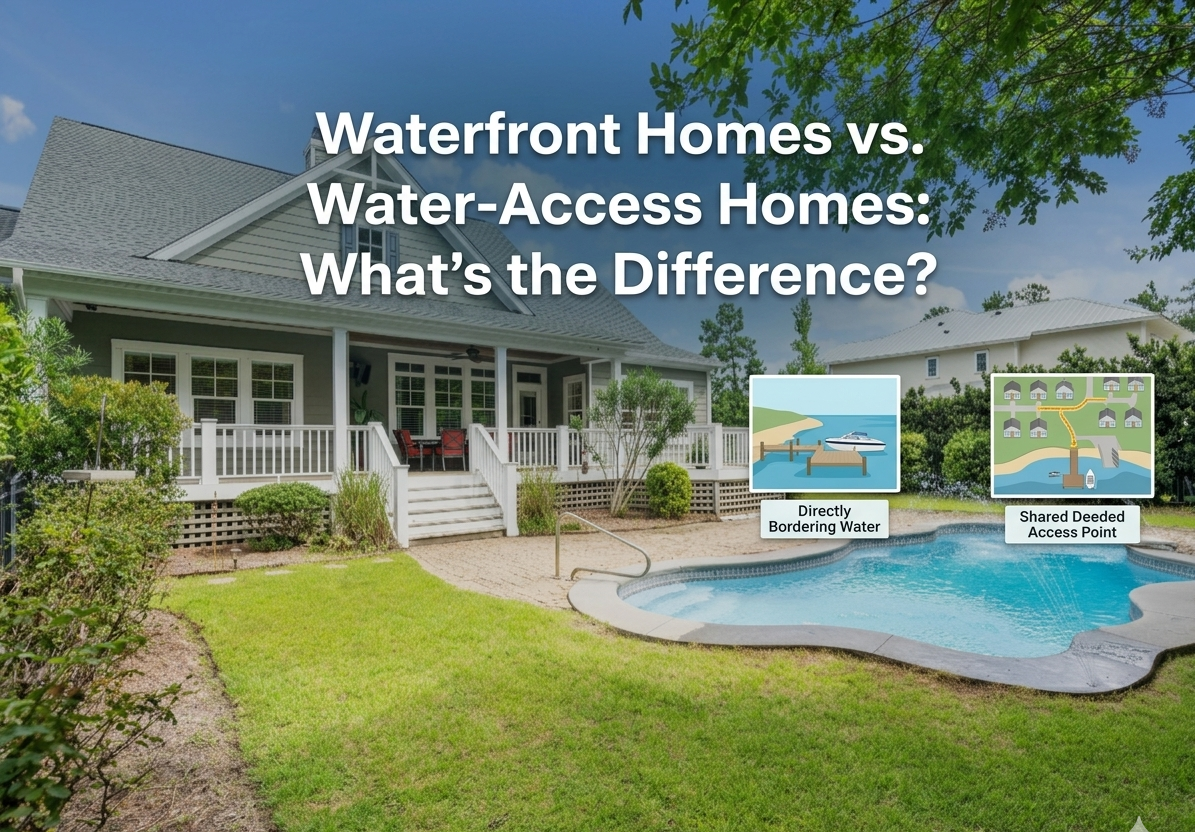 Please create an image with this title in the center: Waterfront Homes vs. Water-Access Homes