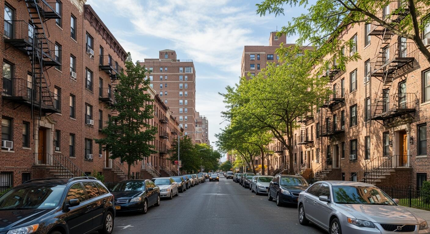 Bronx street lined with brick walk-up apartment buildings
