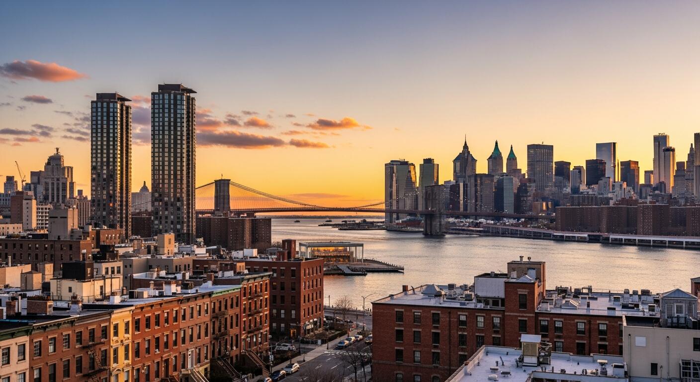 Brooklyn Bridge and the Manhattan skyline at sunset