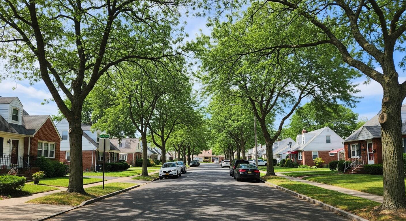 Tree-lined Nassau County street with Cape Cod homes