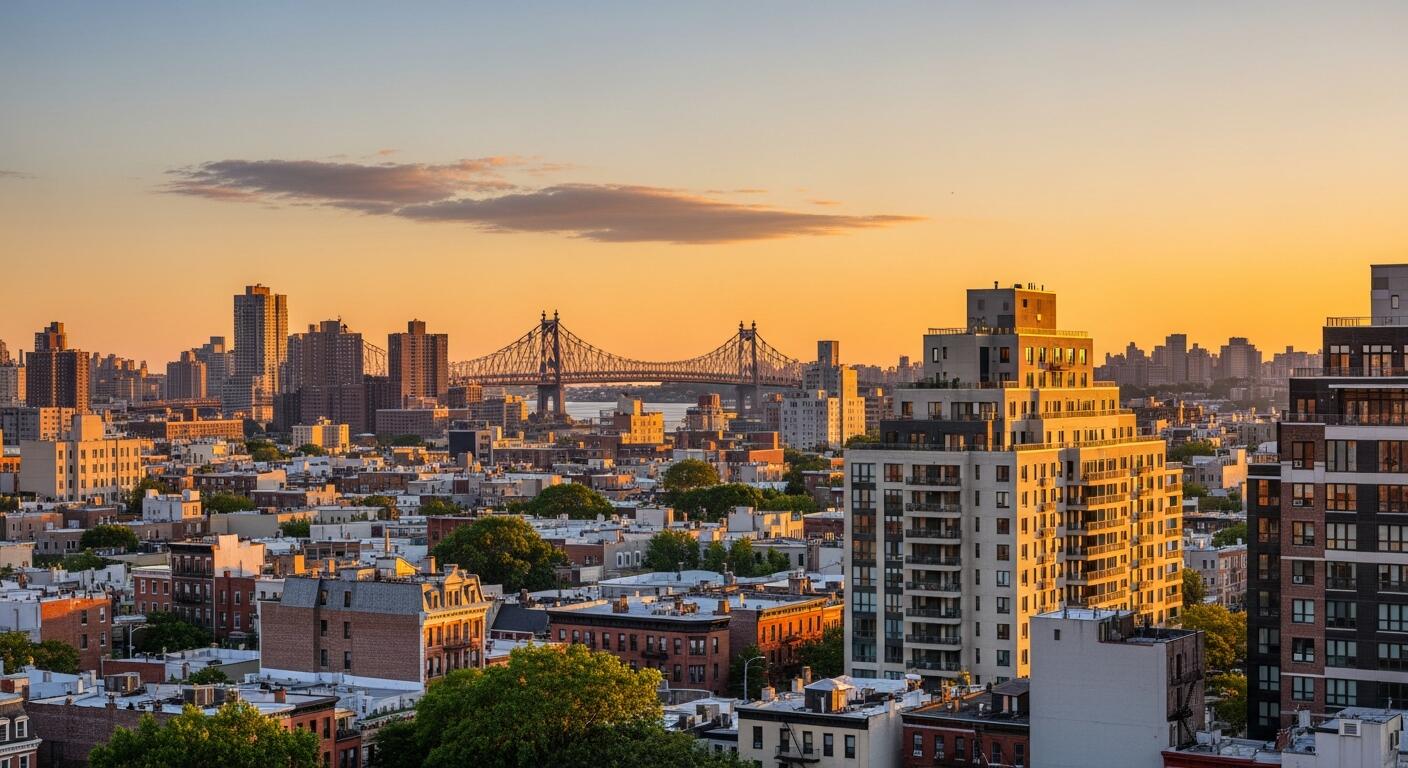 Queens skyline and bridge at sunset
